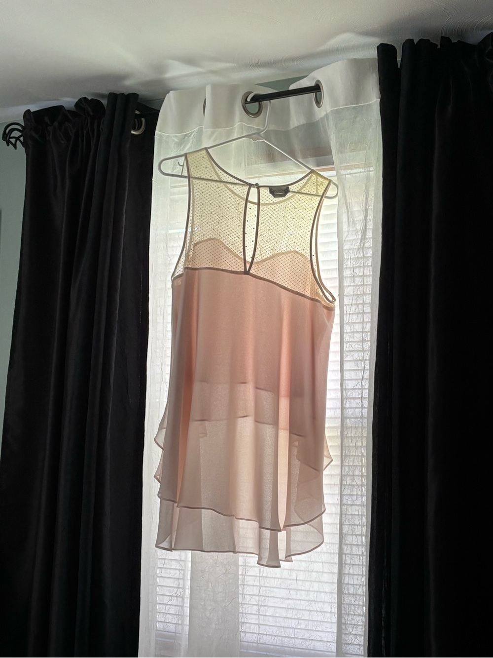 Bebe Sleeveless Cream Mesh Yoke Layered Chiffon Top